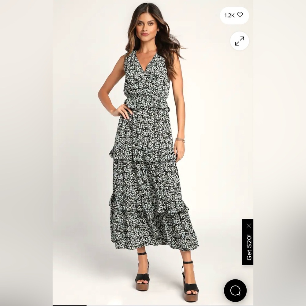 Lulus Women’s Spring in Your Step Black Floral Print Tiered Maxi Dress: Medium